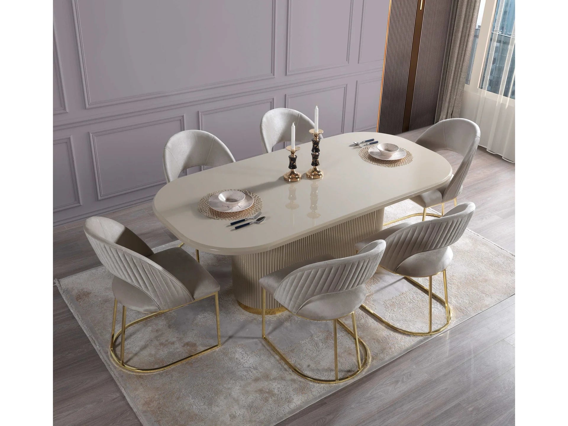 Milena Ivory/Gold 7-Piece Oval Glossy Dining Set